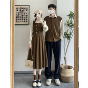 小众设计感情侣装秋季韩版长袖衬衫男女连衣裙法式一裙一衣ins潮