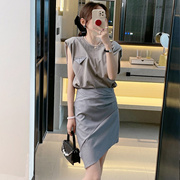 灰色套装裙女夏2024欧洲站欧货潮高级感时装无袖半身裙两件套