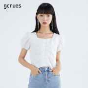 gcrues泡泡袖衬衫短袖，设计感夏季白色，小衫女法式锁骨方领上衣短款