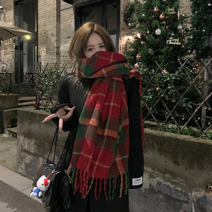 韩版黑灰格子围巾女冬季百搭保暖加厚针织披