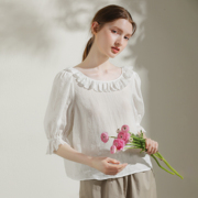 夏季高支苎麻绣花法式娃娃，衫少女t恤精致短袖复古上衣85655