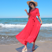红色雪纺中袖连衣裙波，西米亚气质海边度假长裙海南三亚旅游沙滩裙