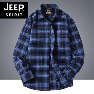 jeep吉普男装格子长袖，衬衫春秋冬季宽松百搭磨毛休闲外套衬衣男潮