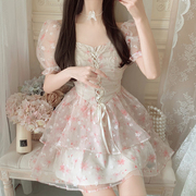 欧根纱高腰宫廷绑带，泡泡袖粉色蓬蓬裙，花朵少女仙女夏季公主连衣裙