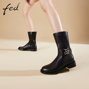 fed平底短靴冬季靴子圆头，瘦瘦靴皮靴，中筒靴骑士靴1111-zf550