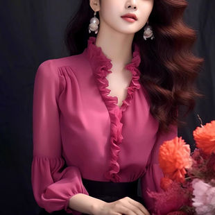 韩系早春穿搭独特超好看衬衣高级感时尚洋气绝美玫，红色衬衫上衣女
