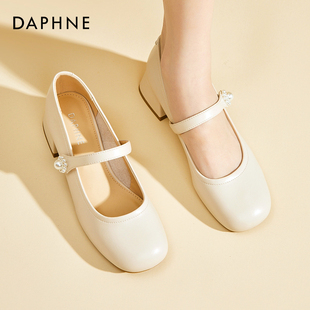 达芙妮法式玛丽珍女鞋，2024春季浅口单鞋，中跟高跟鞋粗跟小皮鞋