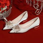 订婚鞋平底水钻孕妇，主婚纱婚鞋女白色新娘，鞋平时可穿伴娘单鞋