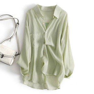 法式夏季绿色薄款防晒衬衫女设计感小众休闲上衣天丝雪纺衬衣