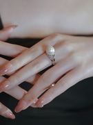 s925纯银珍珠戒指女小众设计轻奢高级感指环独特开口食指戒指秋冬