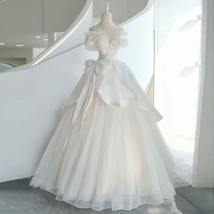法式缎面一字肩婚纱，公主风2024新娘，结婚出门纱轻奢质感012