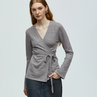 roheme镂空花朵系带，美丽诺羊毛针织衫女春秋短款白色，灰色开衫外套