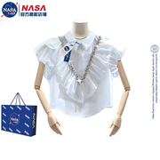 NASA镶钻polo领白色衬衫女装夏季短款衬衣荷叶边今年流行漂亮上衣