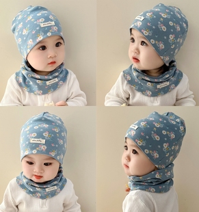 婴儿帽子围脖两件套秋冬春秋薄款宝宝纯棉婴幼儿男女童套装小月龄
