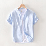夏季男士亚麻短袖衬衫，日系青年立领衬衣，半袖衫棉麻休闲寸衫上衣潮