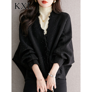 高级感气质黑色亮片短外套女秋季早春宽松蝙蝠袖针织毛衣开衫