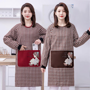 韩版女时尚细纱棉布罩衣厨房家用做饭长袖围裙格子带袖防污工作服