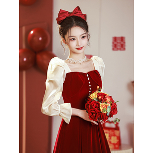 敬酒服2023新娘酒(新娘酒，)红色平时可穿订婚礼服纱袖出阁宴夏法式裙子