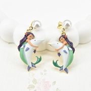 法国手工珐琅 小美人鱼抱海豚 耳钉耳环耳夹 项链