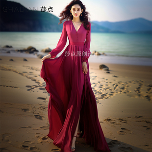 法式连衣裙新玫红色雪纺长款裙子优雅气质收腰显瘦海边度假沙滩裙
