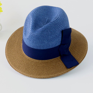 小辣椒同款帽子拼色草帽，蓝色遮阳帽韩版女士，宽平檐帽爵士复古礼帽