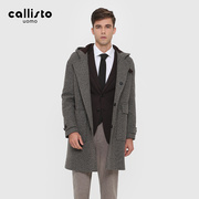 立体姣花纹理，callisto男士冬季中长款羊毛呢大衣，连帽柔软气质