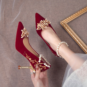 尖头红色婚鞋夏季女2023年秀禾服新娘，高跟鞋中式不累脚结婚鞋
