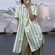 古与色夏季韩版时尚POLO领宽松中长款开衫衬衣短袖条纹纯棉衬衫女