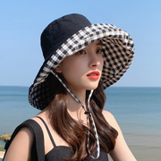双面格子渔夫帽子女夏天防紫外线可折叠防晒遮阳帽大沿太阳帽遮脸