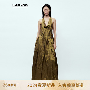 ruohan蕾虎橄榄绿，挂脖礼服长裙，2024春季法式连衣裙