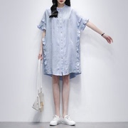 荷叶短袖衬衫裙女中长款2024夏季韩版时尚气质宽松显瘦连衣裙
