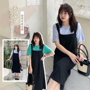 W841大码韩版常规OL休闲撞色假两件连衣裙夏气质高腰长裙