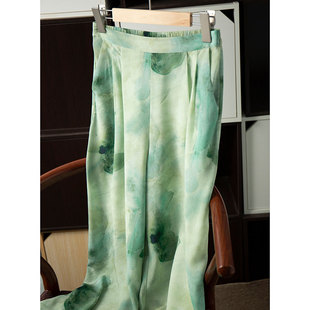 绿色水墨画印花桑蚕丝，温柔气质高腰裤女直筒阔腿裤休闲长裤