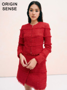 小圆领精致大红色经典小香风粗纺流苏设计修身显瘦短裙两件套冬季