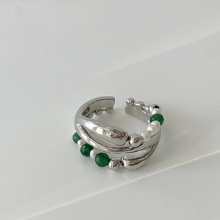 S925纯银女戒指小众设计感绿玉石头珍珠多层食指指环开口戒指银饰