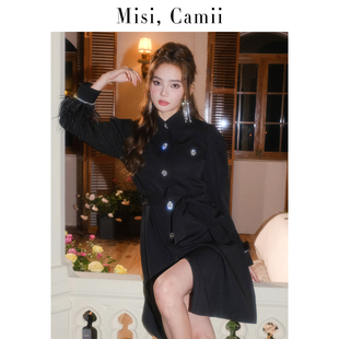 商场同款Misi Camii钻扣羽毛泡泡袖中长款设计感轻奢风衣外套
