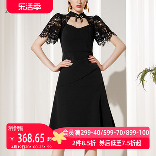 aui黑色新中式立领蕾丝连衣裙，女2024夏季气质显瘦a字中长裙子