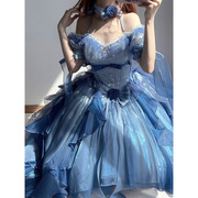 蓝色花嫁礼服lolita连衣裙，女洋装洛丽塔，重工拖尾蓬蓬公主裙