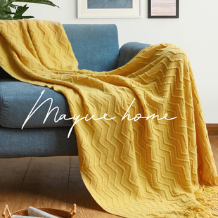 蔓越家北欧姜黄针织沙发毯午睡休闲毯沙发，盖巾盖布床上毯子盖毯