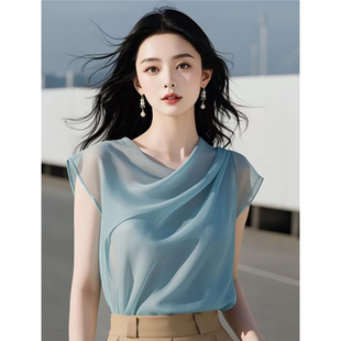 白领哥弟新2025夏新款漂亮蓝色短袖衬衫女设计感小众别致雪纺上衣
