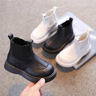 女童马丁靴2024秋季黑色单靴英伦风时尚宝宝，短靴男童软底皮靴