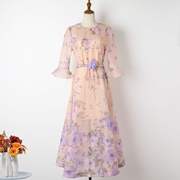 澳洲小众度假风紫色花朵印花欧根纱两件套系带连衣裙子女
