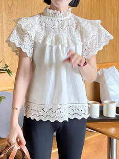 韩国chic夏季复古气质立领镂空提花宽松百搭拼接荷叶边短袖衬衫女