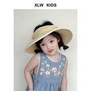 可折叠便携大檐夏季儿童草帽防晒太阳帽户外沙滩，遮阳帽女童空顶帽