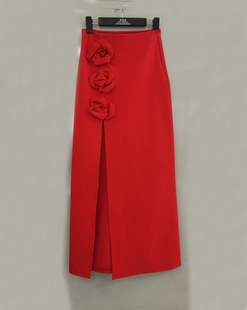 法式性感红色高腰半身长裙女高级感开叉立体玫瑰花设计感小众轻奢