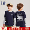 Gap男童秋季纯棉假两件长袖T恤儿童装微弹运动休闲上衣736017