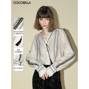 COCOBELLA新中式蕾丝拼接印花条纹衬衫女通勤立领衬衣SR0015