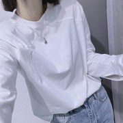 韩国白色长袖T恤女秋季2023小衫上衣宽松显瘦纯棉内搭打底衫