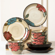 碗碟套装家用日式复古防烫饭碗汤碗碗盘子，组合陶瓷微波炉烤箱餐具