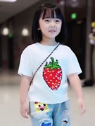 亮片女童短袖衣服夏季白色T恤小大儿童变色上衣草莓纯棉圆领